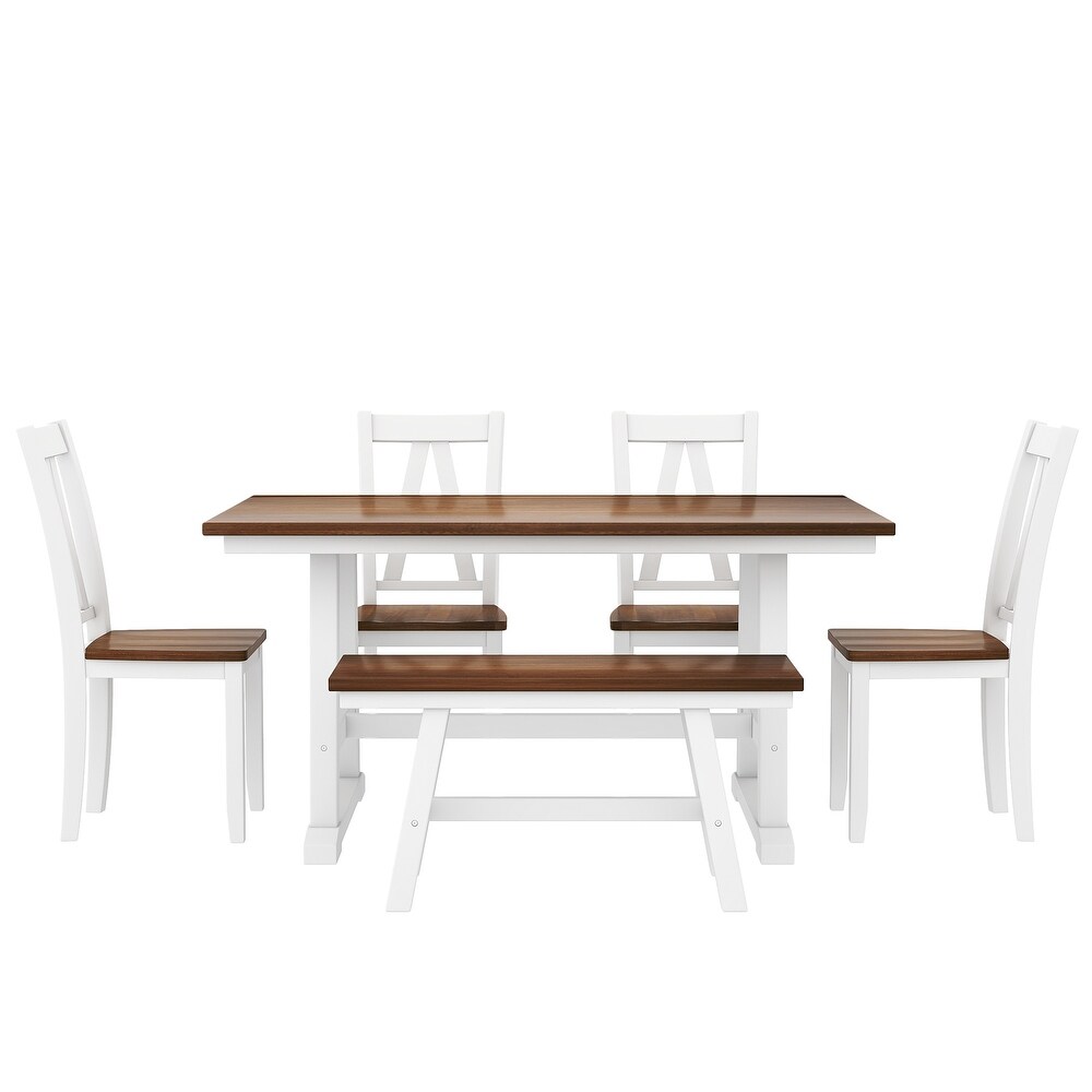 White 6 Piece Wood Dining Table Set with Long Bench and Chairs