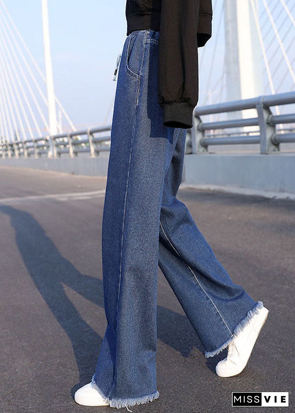 Plus Size Blue Elastic Waist Drawstring Draping Cotton Denim Wide Leg Pants Summer