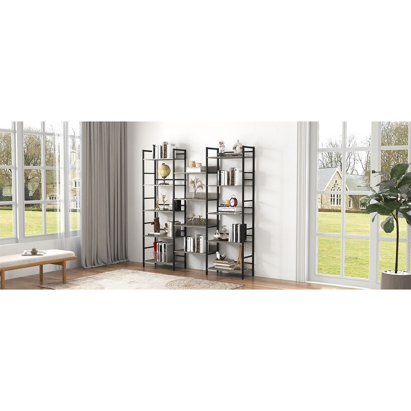 Triple Wide 5 shelf Bookshelves Industrial Retro Wooden Style Home and Office Large Open Bookshelves