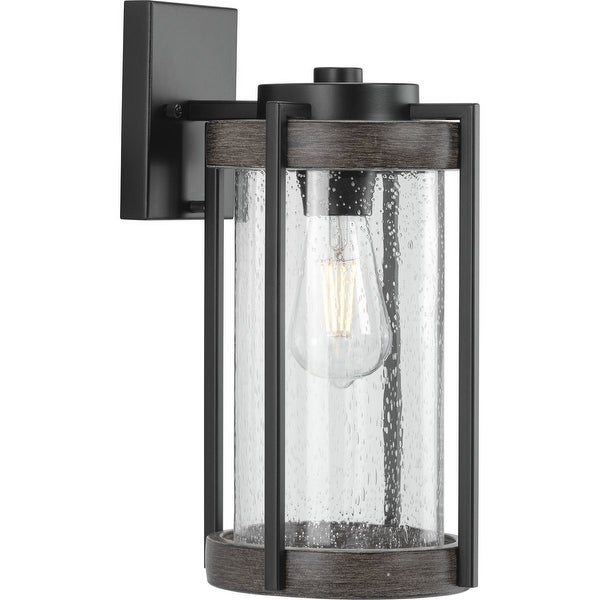 Whitmire Collection  One-Light Matte Black with Aged Oak Accents Clear Seeded Glass Farmhouse Outdoor Wall Lantern Light Shopping - The Best Deals on Outdoor Wall Lanterns | 38278135