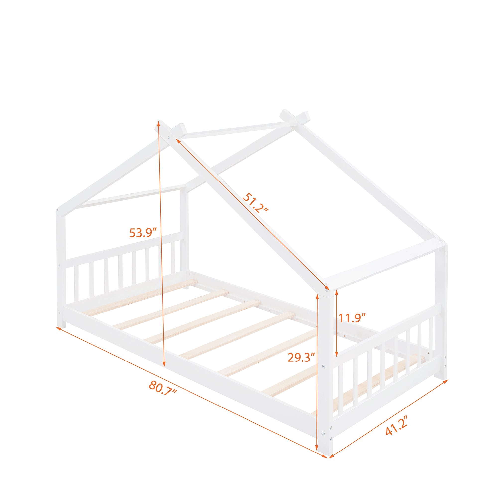 Twin Size House Bed Montessori Style Floor Bed Frame Wood Kids Fun Playhouse Twin Bed with Headboard and Footboard for Toddlers Girls Boys Teens（White)