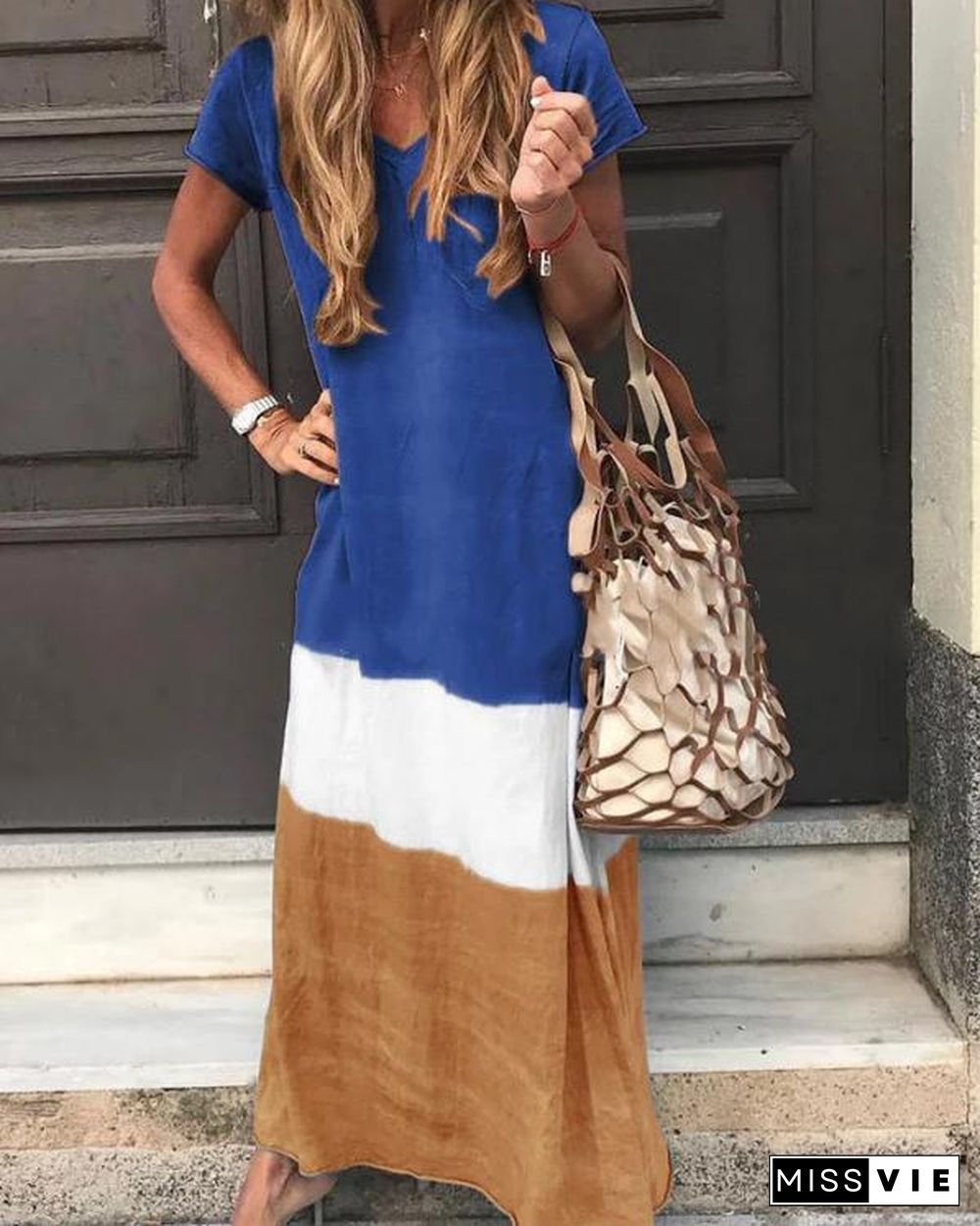 V Neck Casual Short Sleeve Maxi Dresses