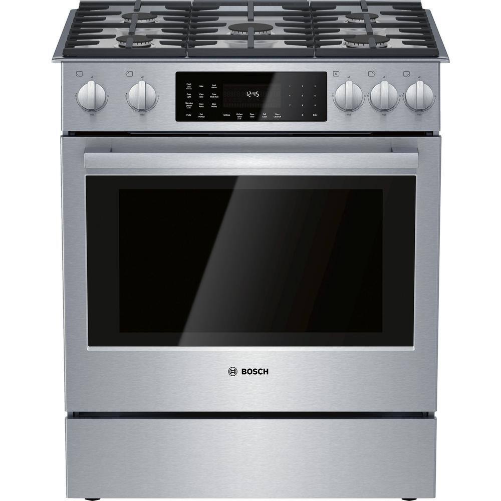 Bosch Benchmark Benchmark Series 30 in. 4.6 cu. ft. Slide-In Dual Fuel Range with Gas Stove and Electric Oven in Stainless Steel HDIP056U