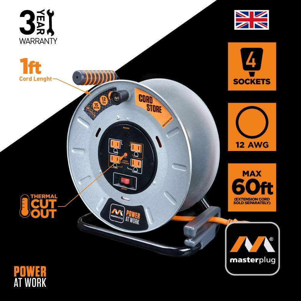 Masterplug 1 ft. 15 Amp 12AWG Large Open Metal Reel With 4-Sockets OTLP011512G4SL