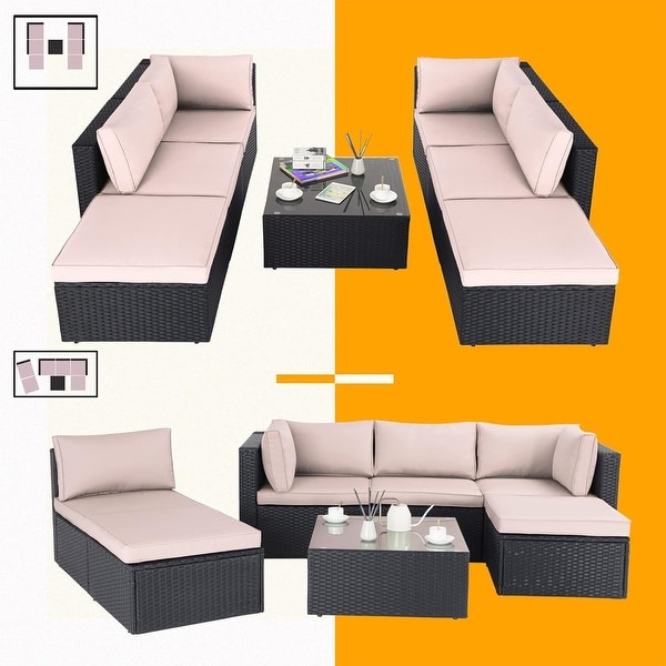 Bossin 7 Pieces Patio Furniture Sets，Outdoor Sectional Sofa，Rattan Wicker Couch with Washable Cushions and Glass Table