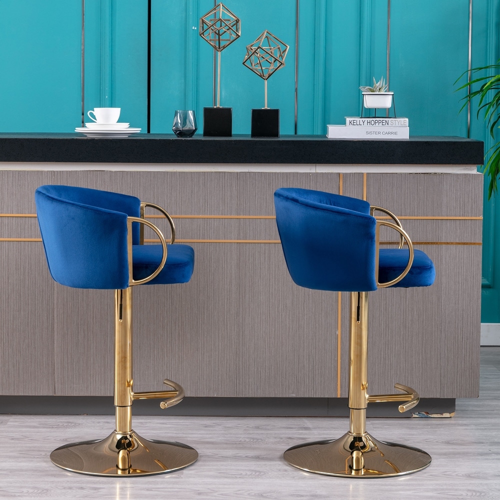 Set of 2 Bar Stools with Chrome Footrest And Base Swivel Height Adjustable Mechanical Lifting Velvet  Golden Leg Bar Stool