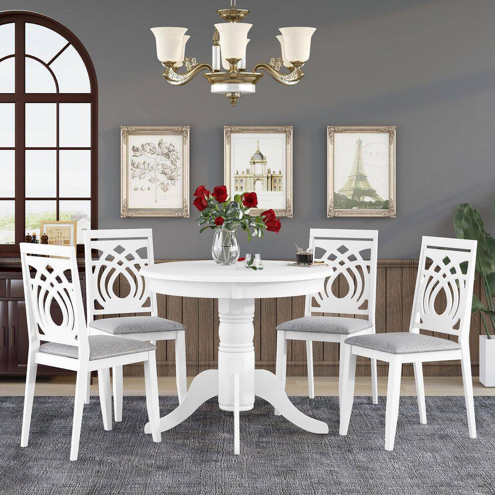 Harper  Bright Designs Mid-Century 5-Piece White Round MDF Top Dining Set Seats 4 With Extendable Table DT130AAK