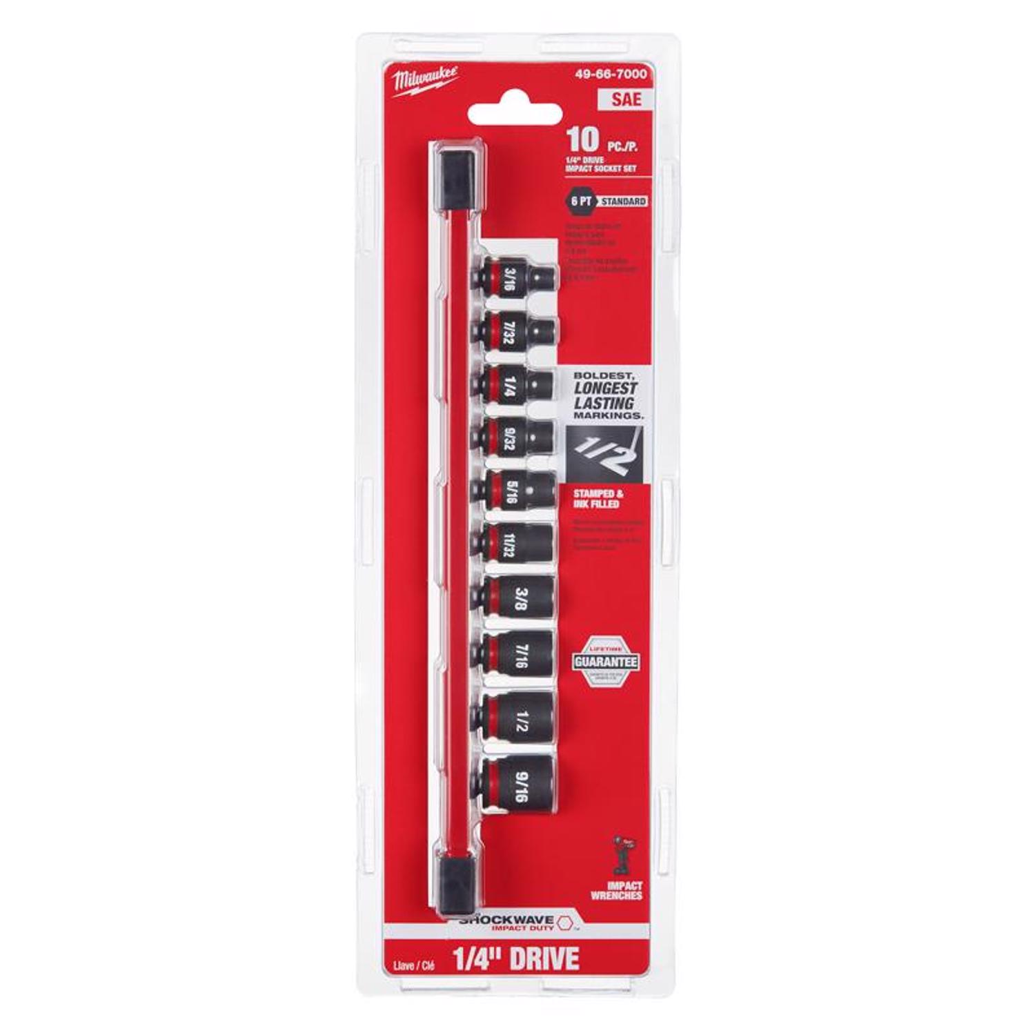 MW Shockwave 1/4 in. drive SAE 6 Point Standard Shallow Socket Set 10 pc