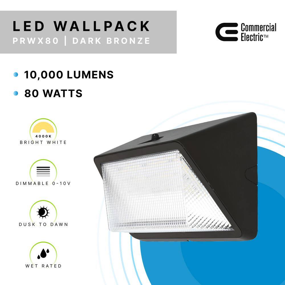 Commercial Electric 250W Equivalent Integrated LED Bronze Outdoor Commercial Refractor Wall Pack Light 10000 Lumens 4000K Dusk-to-Dawn PRWX80-H-PC-4K-BZ