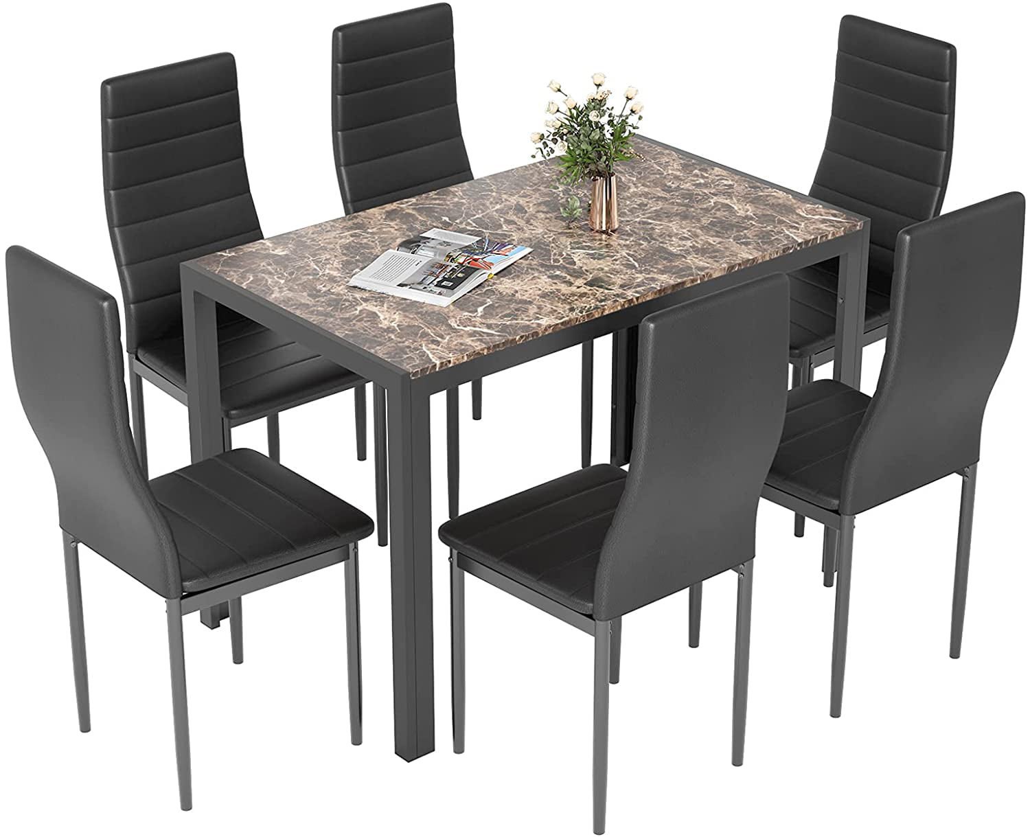 Increkid 7 Piece Kitchen Dining Table Set with 6 PU Leather Chairs