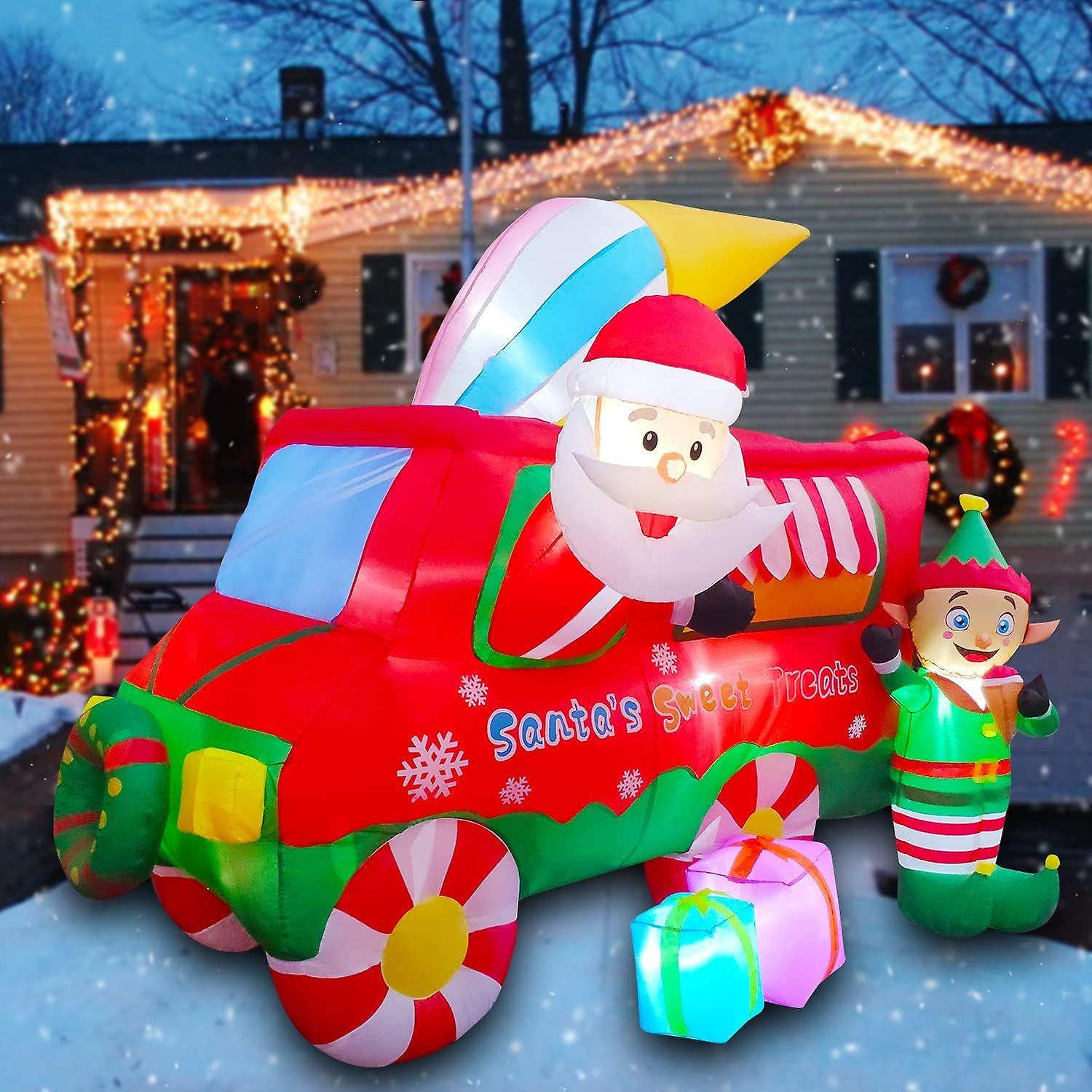 Inflatable Christmas Ice Cream Truck Decoration With Santa Claus Elf Gift Boxes Decor Led Lighted For Yard Lawn Garden Home Party