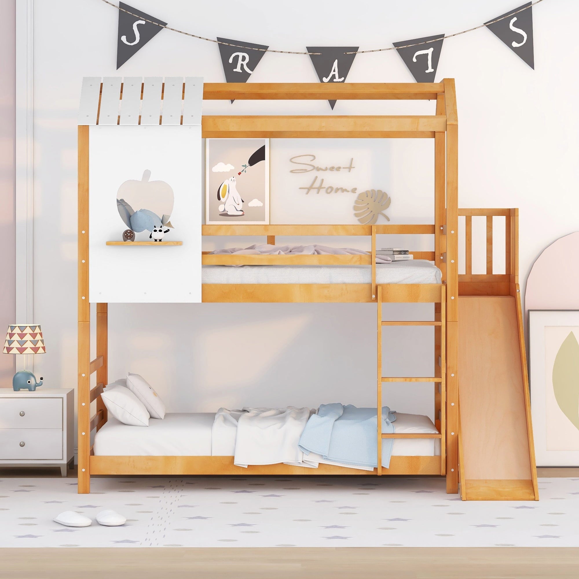 Twin Size House Bunk Bed with Slide and Shelf for Kids Bedroom, Natural