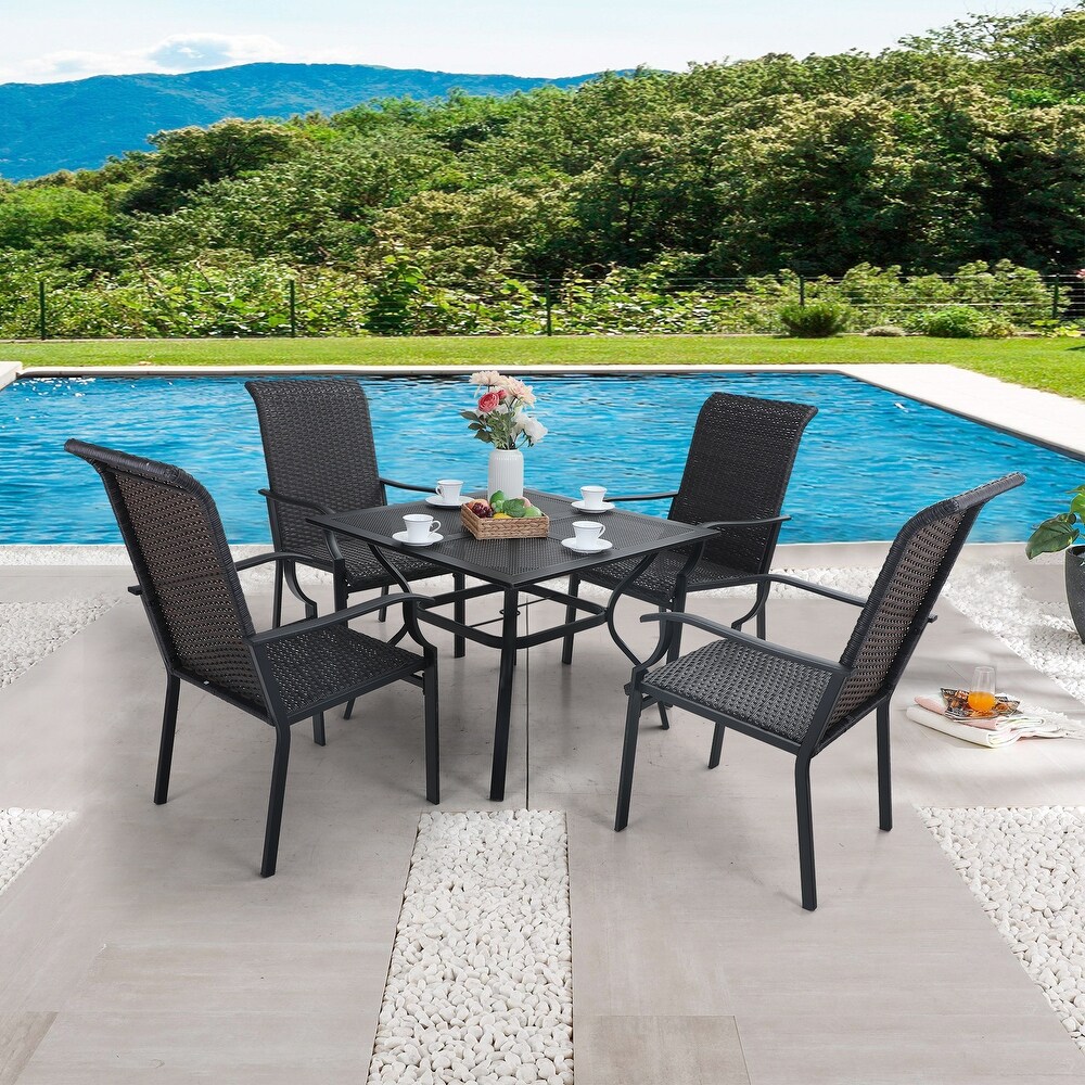 Sophia   William 5 Piece Metal Outdoor Patio Dining Sets  4 PE Rattan Chairs and 1 Square Metal Table with Umbrella Hole