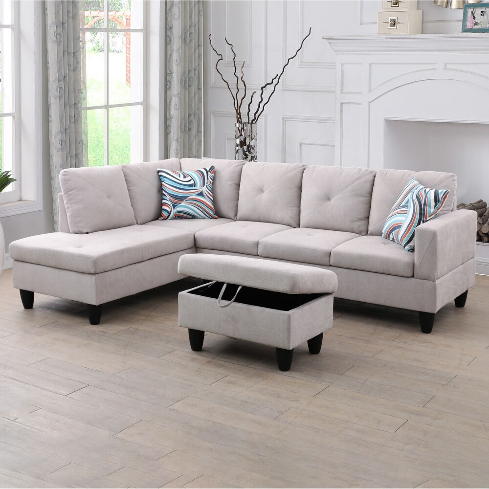 3 Pieces Sectional Sofa Set Grey White Flannel Living Room Sofa Set