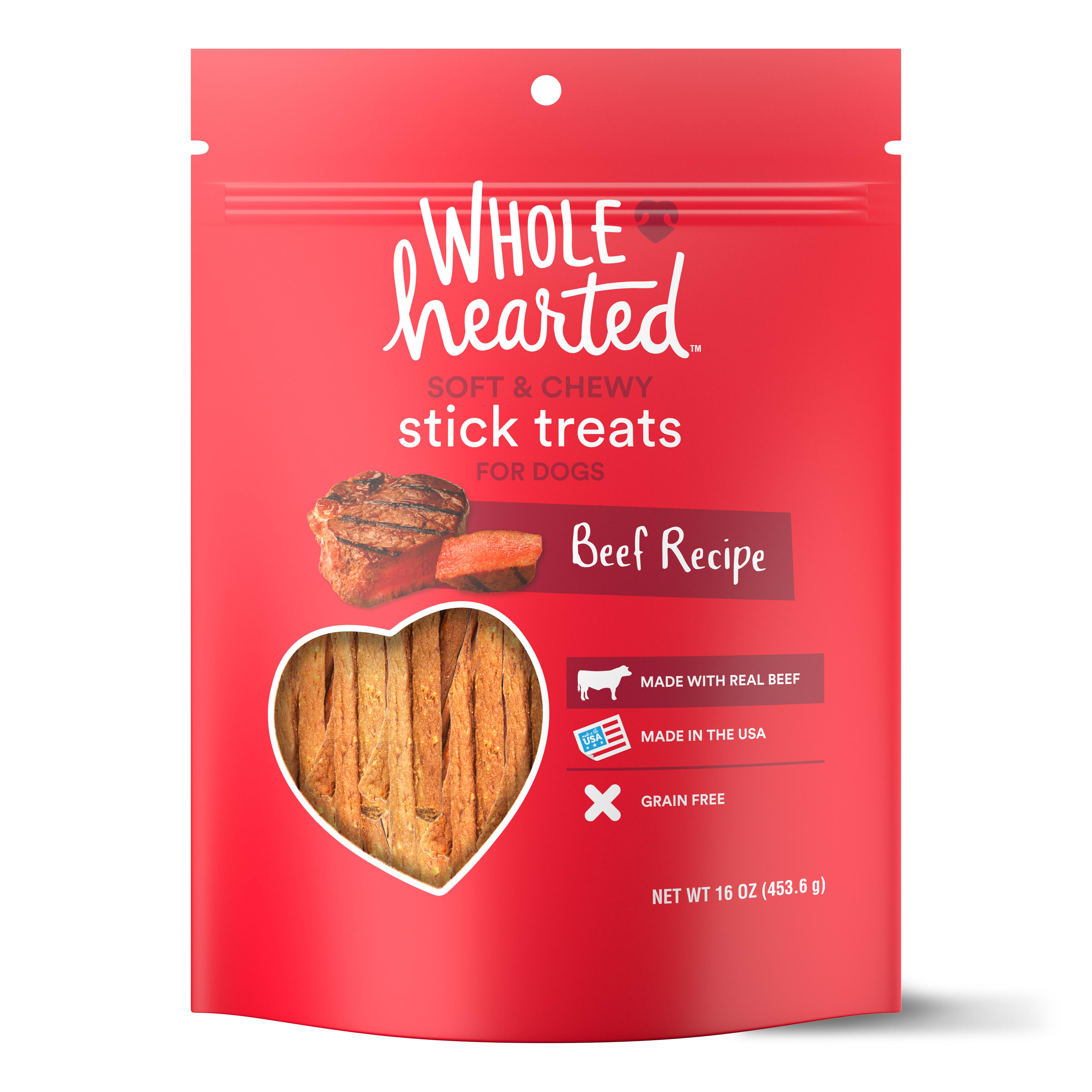 WholeHearted Grain Free Soft and Chewy Beef Recipe Dog Stick Treats， 16 oz