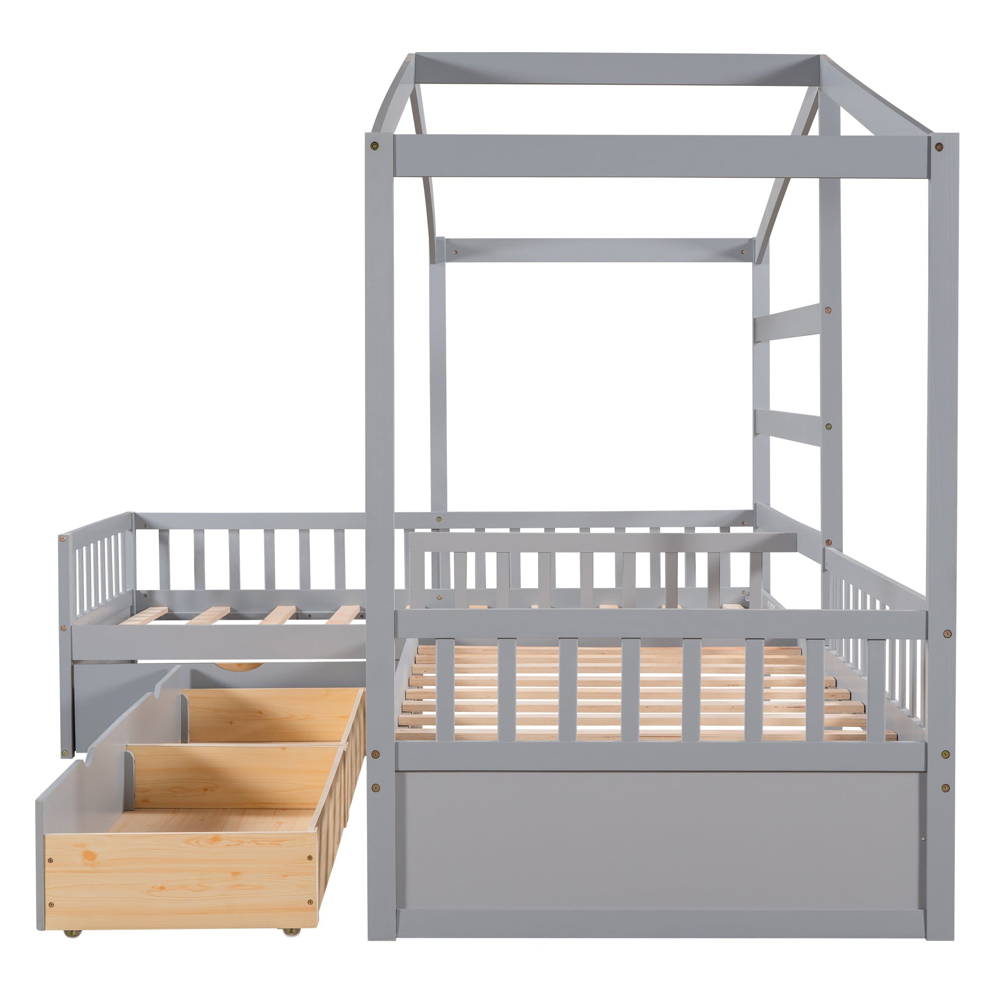 Wood Twin Size Double House Bed with Three Drawers for Kids, Gray