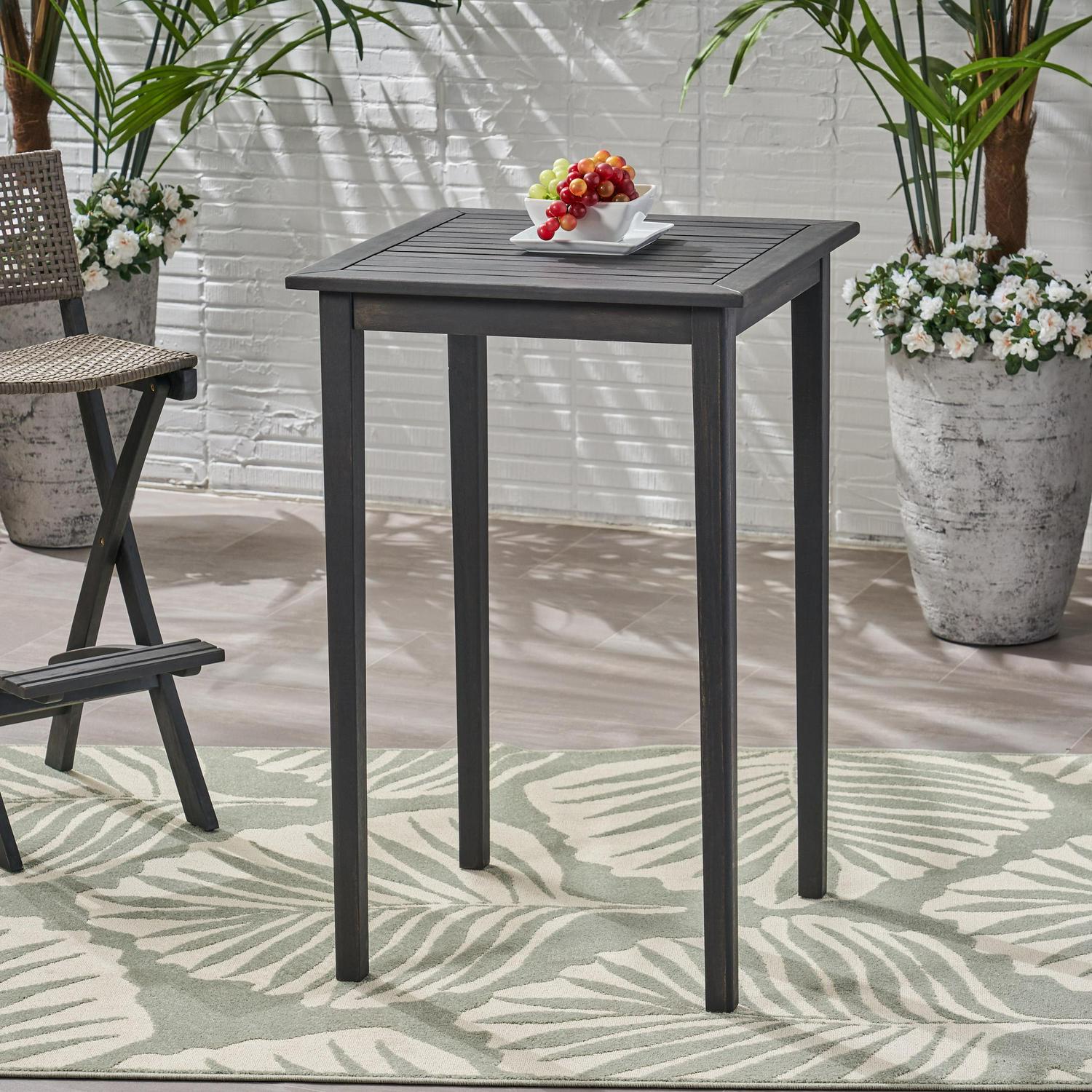 Chayah Outdoor Minimalist Acacia Wood Square Bar Table， Dark Gray