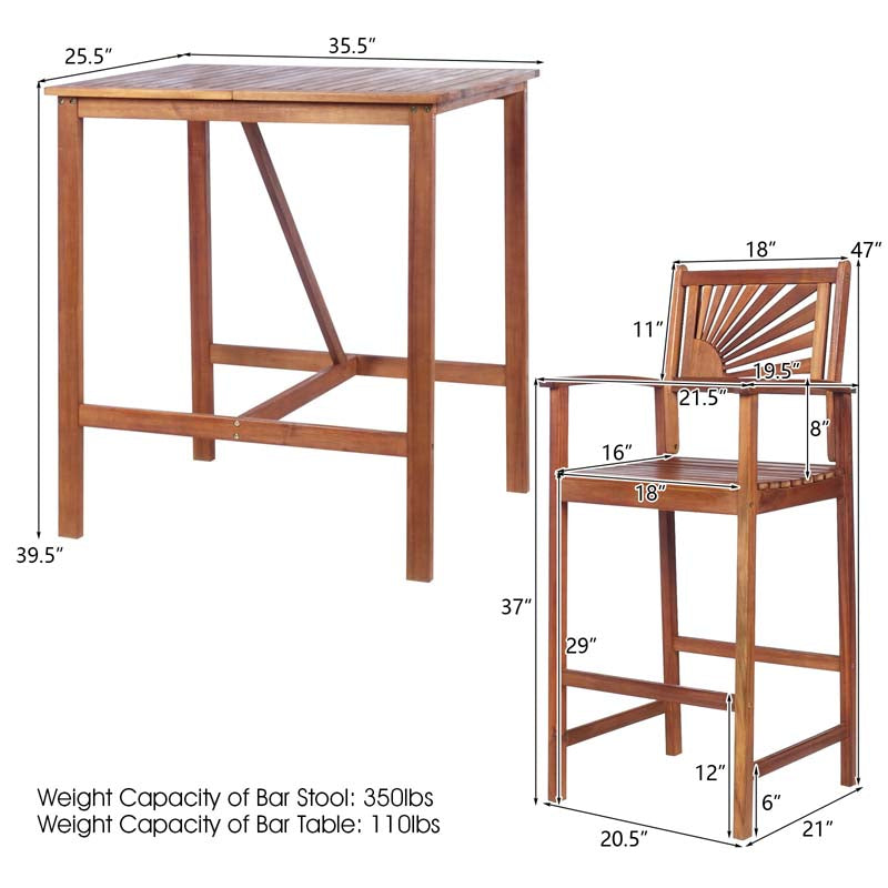 3 Pcs Acacia Wood Dining Set Outdoor Patio Bar Table Set Bistro Set with Two Bar Stools