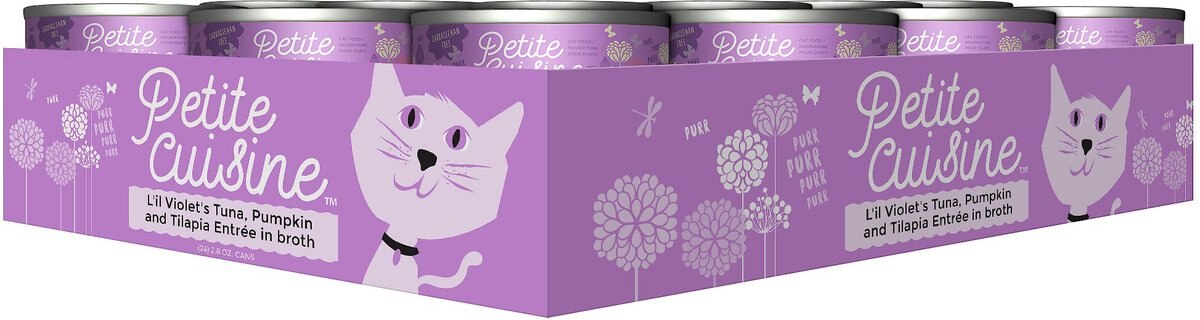 Petite Cuisine L'il Violet's Tuna， Pumpkin and Tilapia Entrée in Broth Grain-Free Wet Cat Food， 2.8-oz can， case of 24