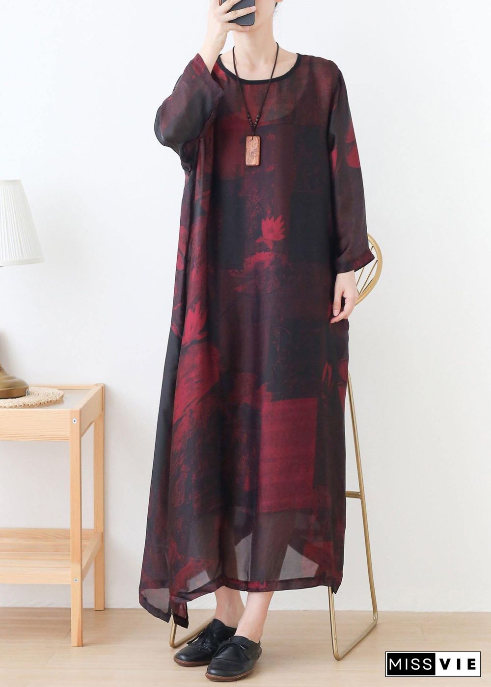 Natural Red Print Chiffon O-Neck Summer Dresses