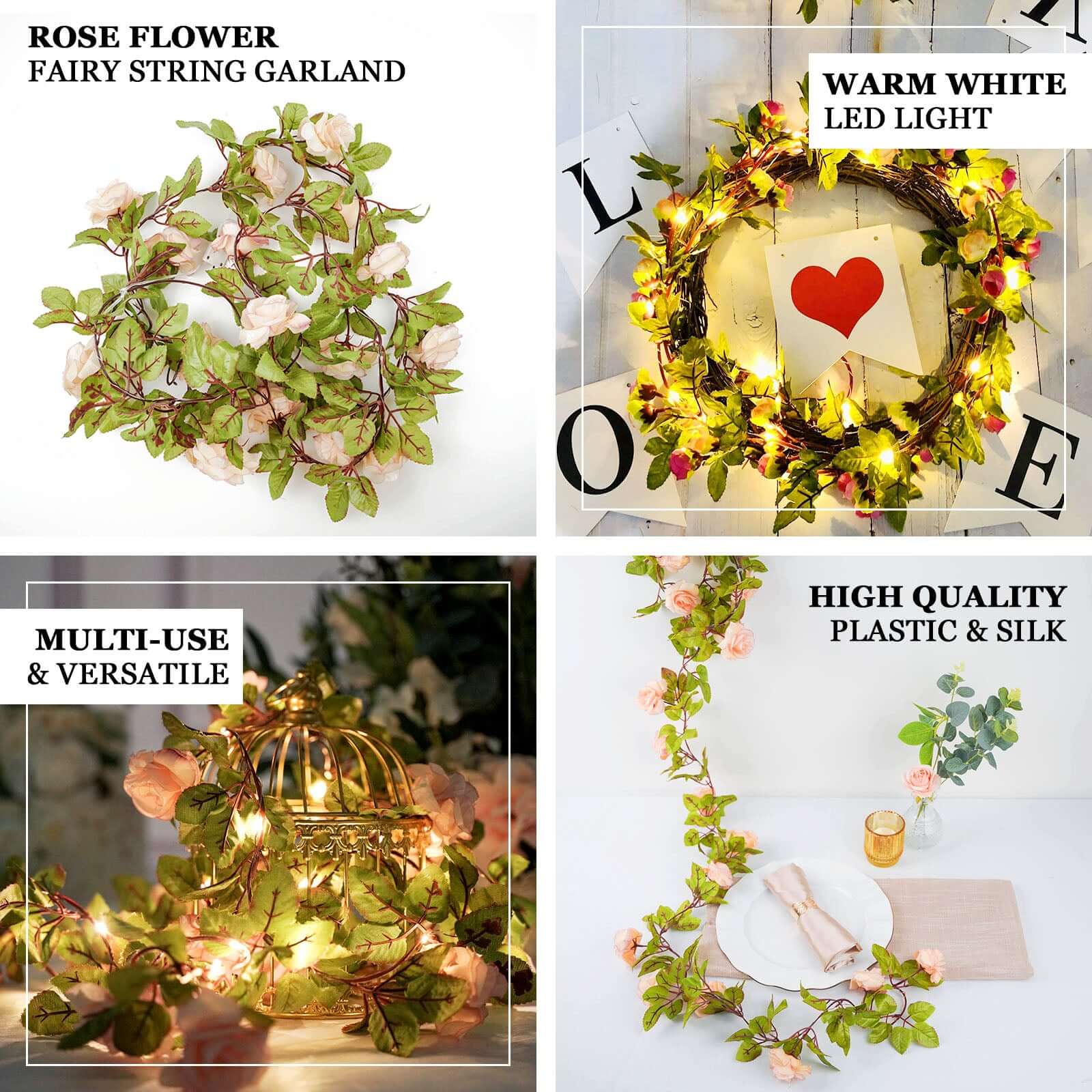 20 LED Blush Silk Rose Flower Garland Vine String Lights, Warm White Battery Operated 7ft