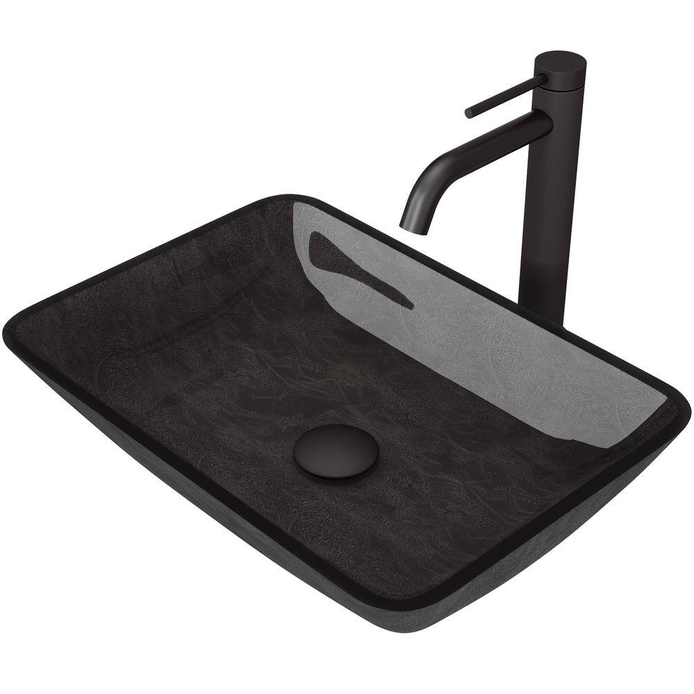 VIGO Glass Rectangular Vessel Bathroom Sink in Onyx Gray with Lexington Faucet and Pop-Up Drain in Matte Black VGT1416