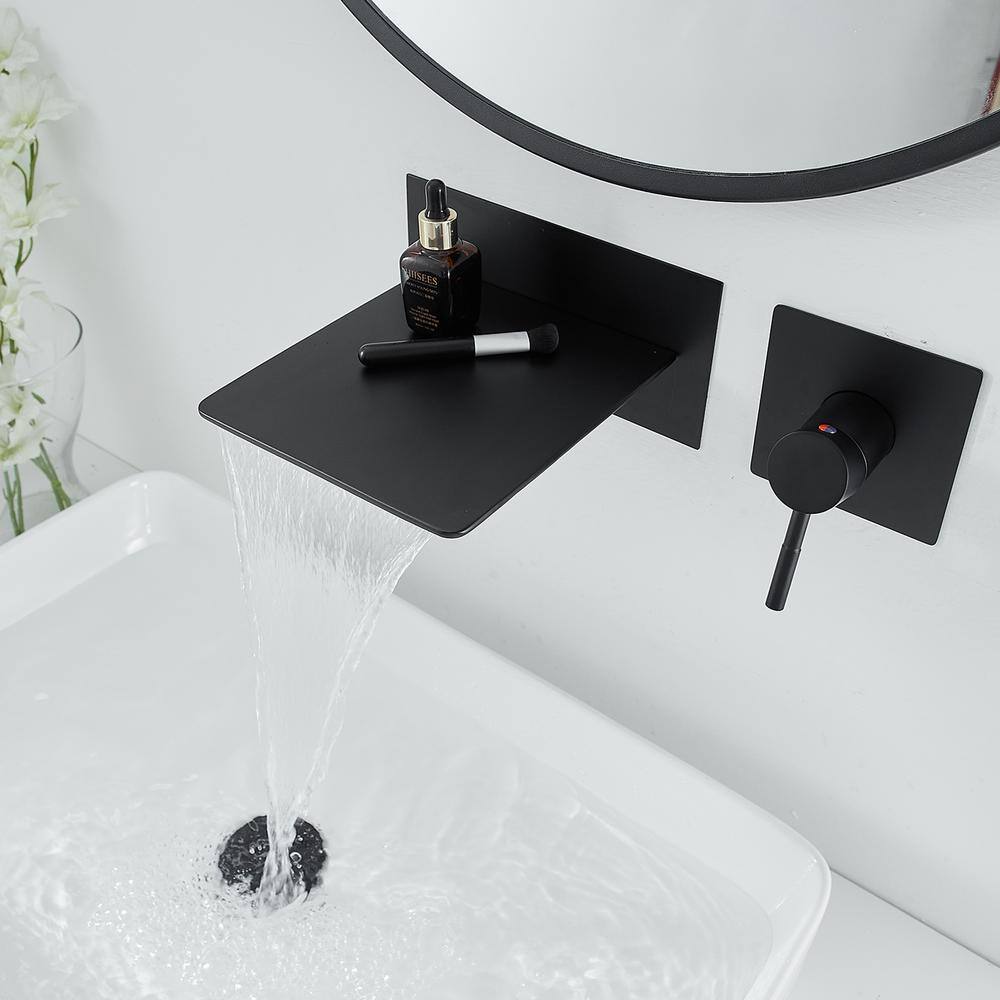 BWE Single Handle Wall Mount Spout Waterfall Bathroom Faucet in Matte Black A-93008-Black