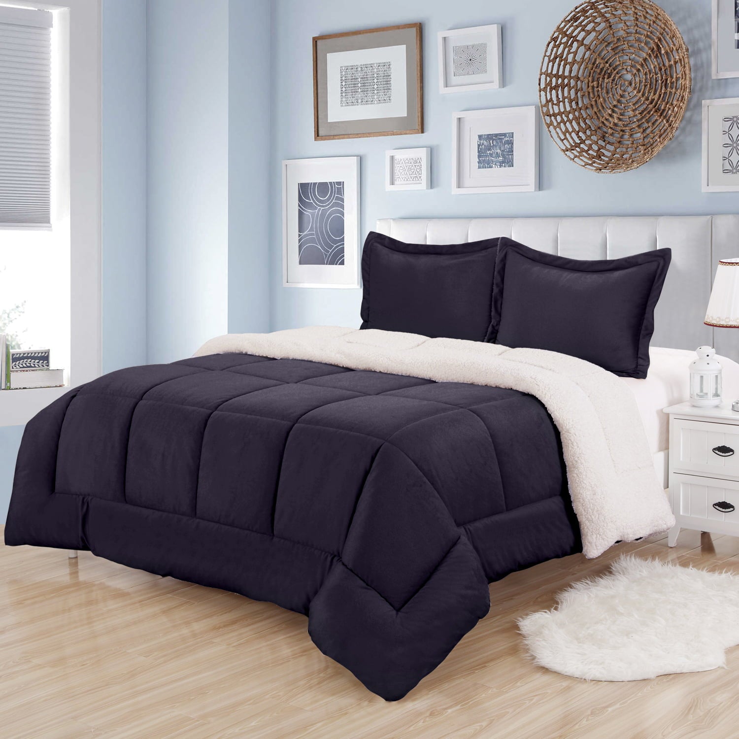 Sweet Home Collection 3 Piece Sherpa Comforter Set Full-Queen - Navy - Full-Queen