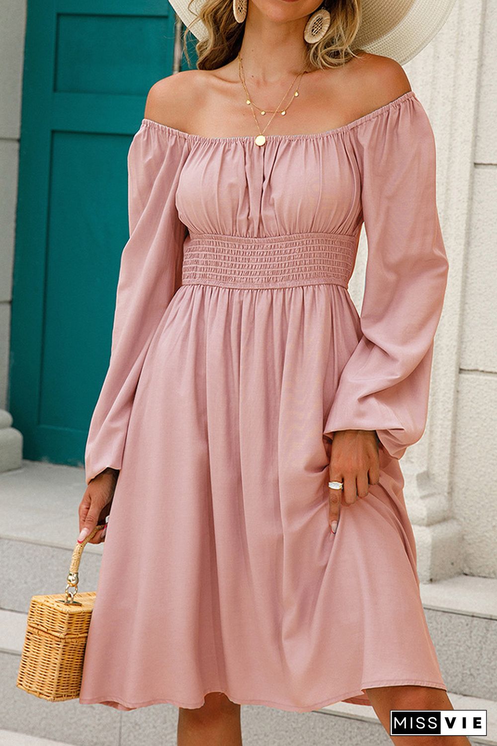 Plain Off Shoulder Long Sleeve Smocked Dress