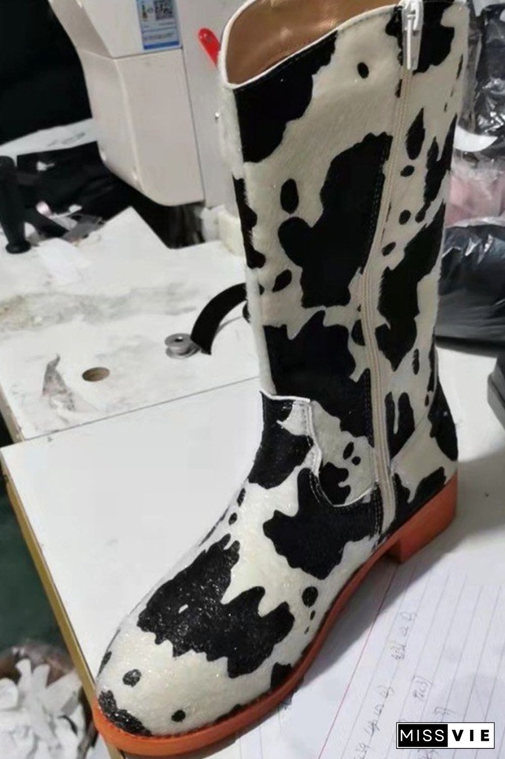 Cow Leopard Print Sequins Zipper Mid-calf Boots Wholesale