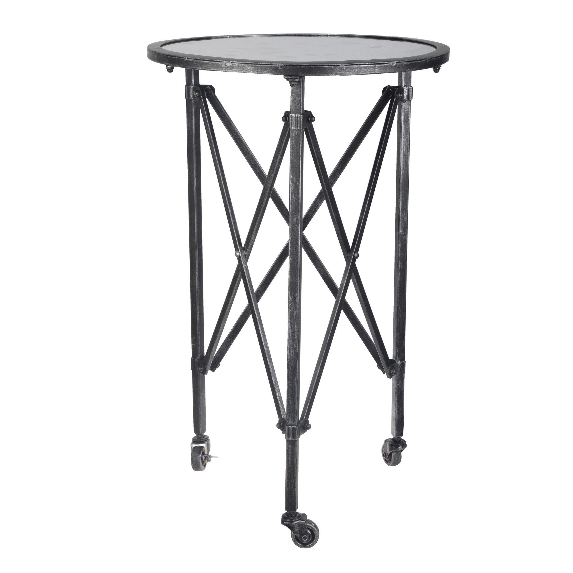 27 Inch Side Table， Round Metal Body， Glass Tabletop， 3 Wheels， Silver