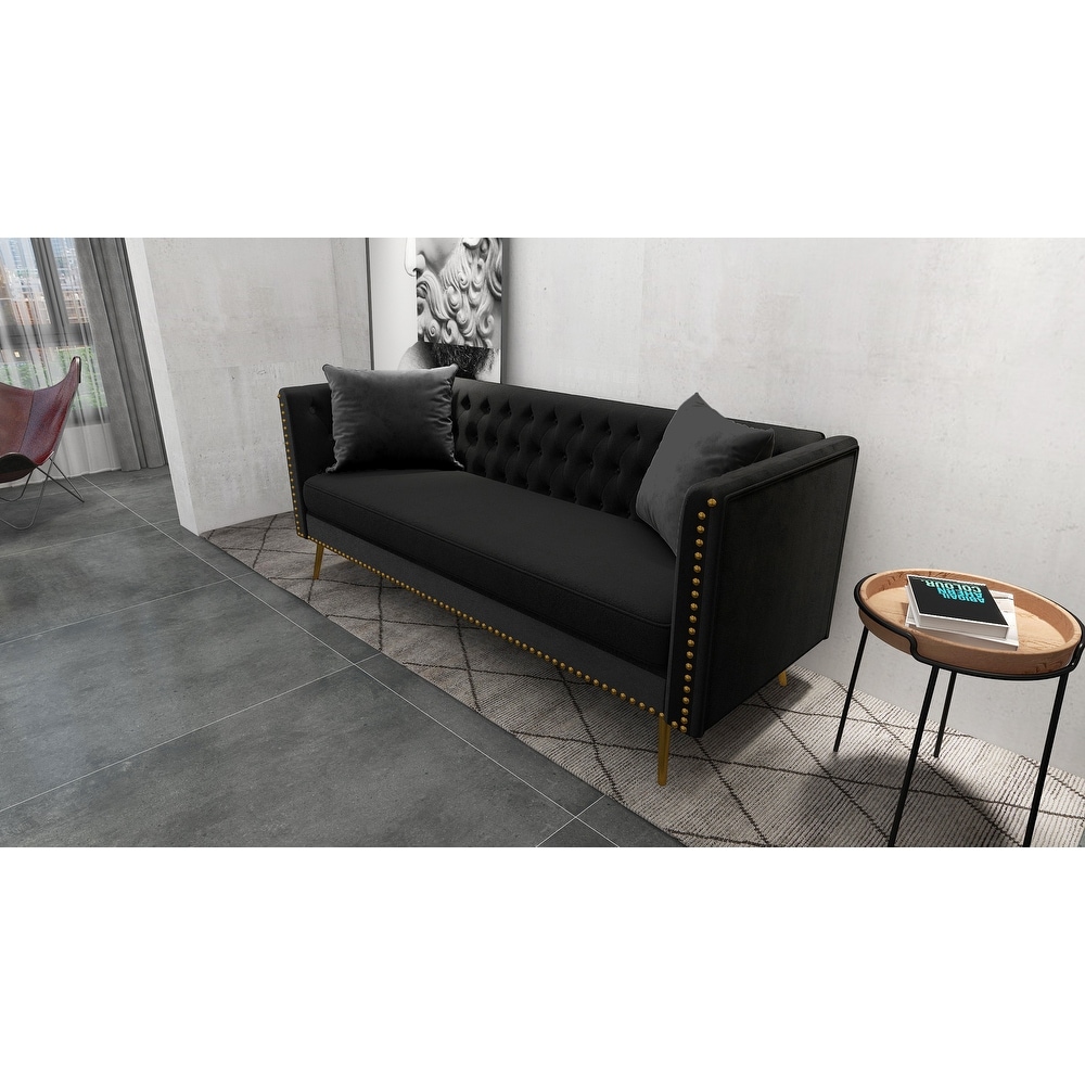 Flat Armrest Living Room Velvet Sofa  Three Seat Sofa Couch with Matching Two Throw Pillows  for Living Room Bedroom Etc