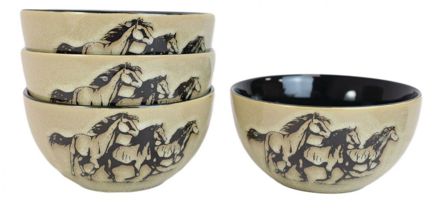 1 Rustic Western Running Horses Abstract Art 18oz Bowls Pack Of 4 EBR02