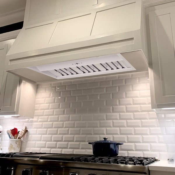 30-36in.Insert Range Hood， Ultra Quiet， Powerful Suction Satin White Ducted Kitchen Vent Hood with LED Lights， 3-Speeds 600CFM