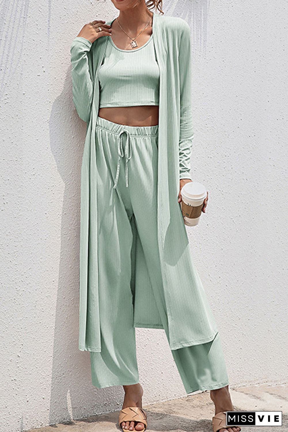 Crop Tank Top and Wide Leg Pants with Coat 3 PCS Set Wholesale