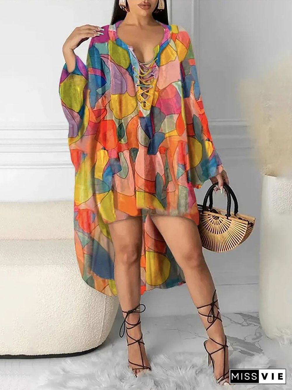 Batwing Sleeves High-Low Contrast Color Printed Round-Neck Midi Dresses