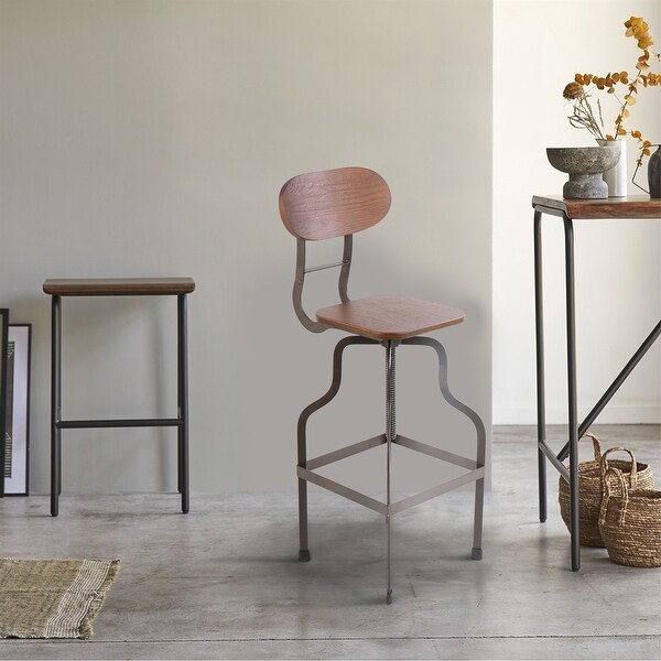 Gray and Brown Industrial Style Wooden Swivel Bar Stool With Metal Base