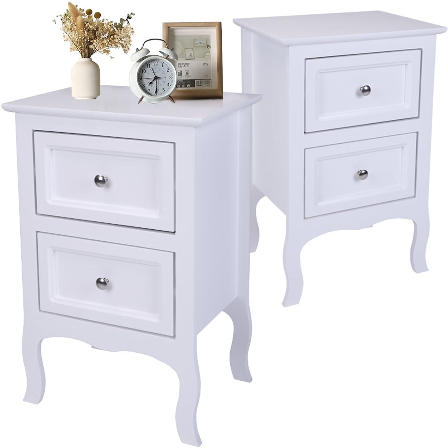 Nightstands Set of 2, Country Style End Table Nightstand Side Table with 2 Drawers, Wood Accent Table with Storage for Bedroom Living Room, White