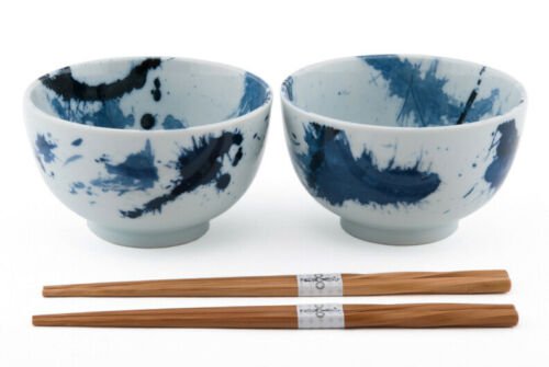 1 Japanese Blue Splash Paint Abstract Design Porcelain Bowls With Chopsticks Set 2 EBR02