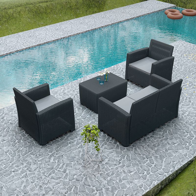 Dukap Alta All Weather Faux Rattan Loveseat， Chair and Coffee Table 4-piece Set