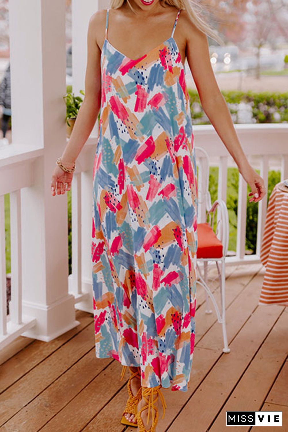 Multicolor Abstract Print Spaghetti Straps Maxi Dress