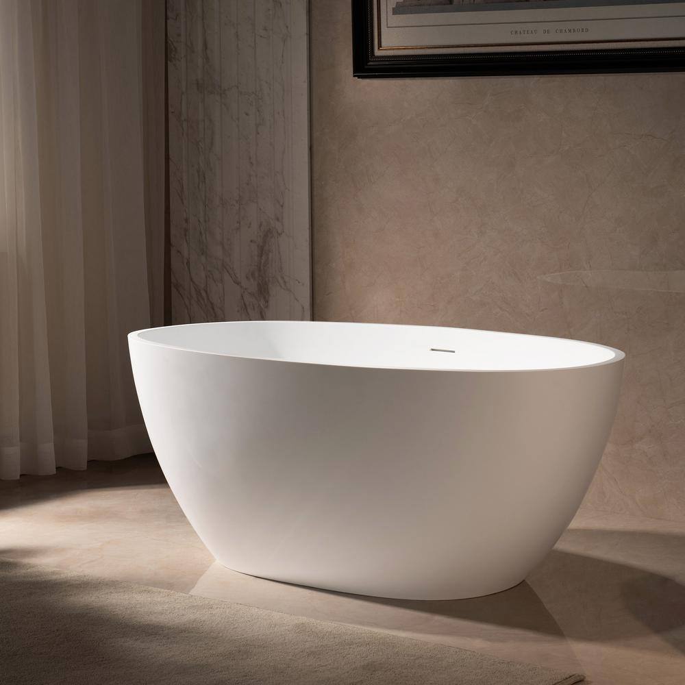 WOODBRIDGE 55 in. Solid Surface Stone Resin Flatbottom Freestanding Bathtub in Matte White with 2-drain covers HBT6043