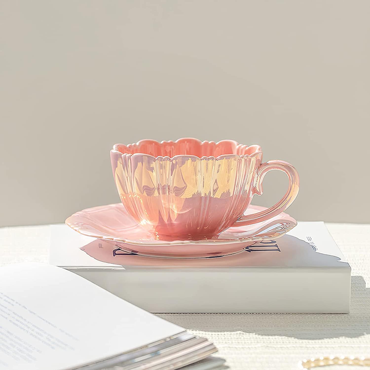 Porcelain Coffee Mugs Flower Shaped Tea Cup And Saucer Set For Housewarming Gift Home Decor (pink)