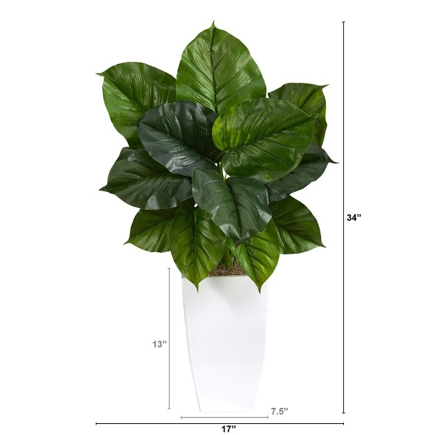 Nearly Natural 34-in Large Philodendron Leaf Artificial Plant In White Metal Planter