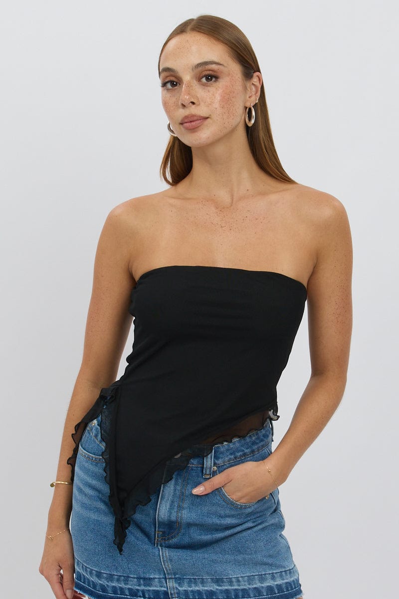Black Bandeau Top Asymmetrical Ruffle Hem Mesh