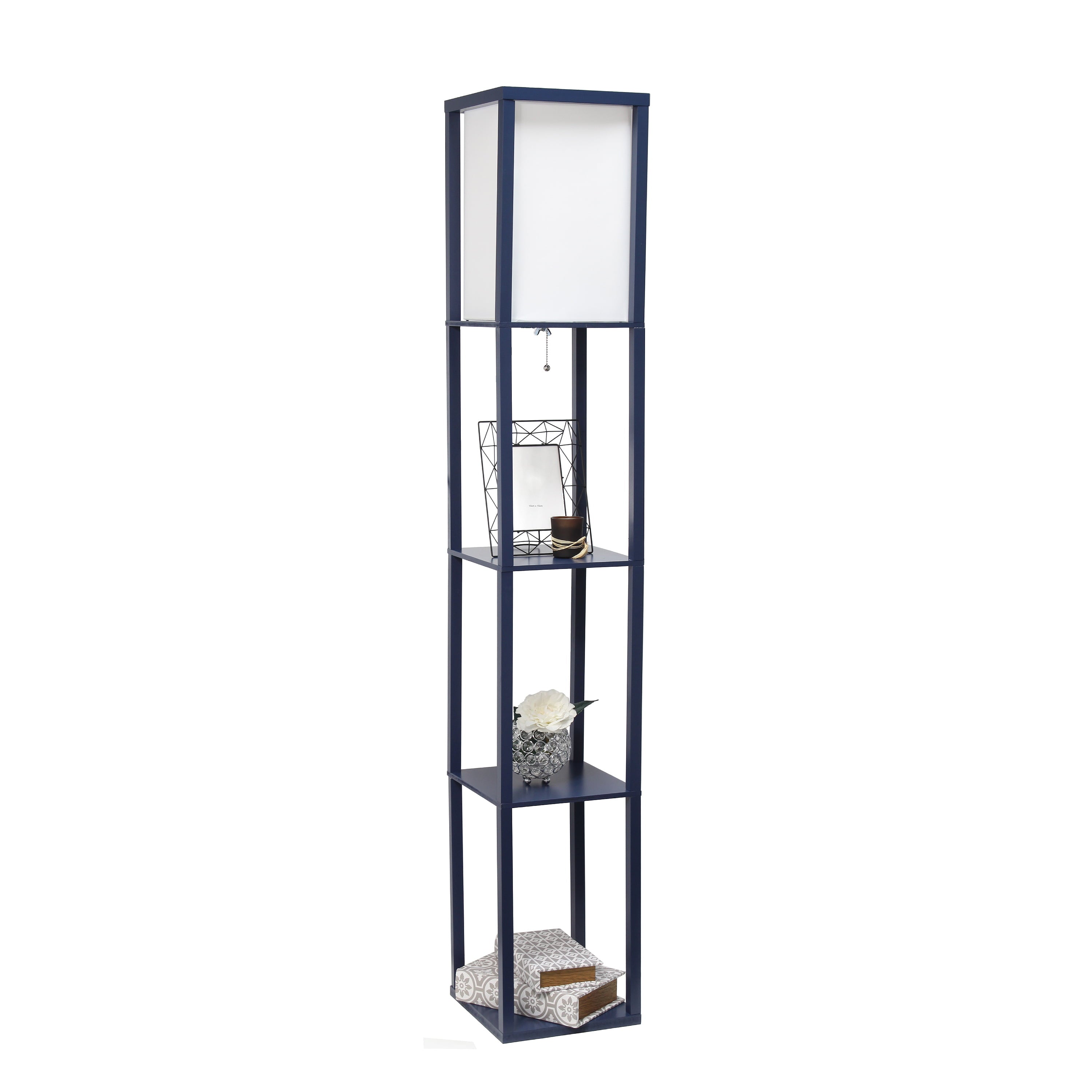 Simple Designs Floor Lamp Etagere Organizer Storage Shelf with Linen Shade, Navy