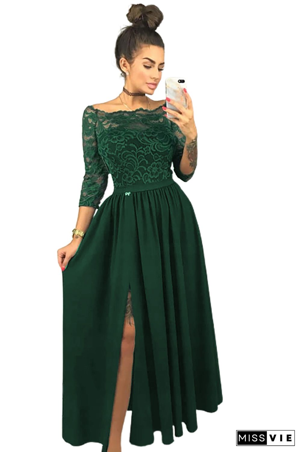 Green Off Shoulder Lace Bodice High Waist Maxi Skirt Evening Dress