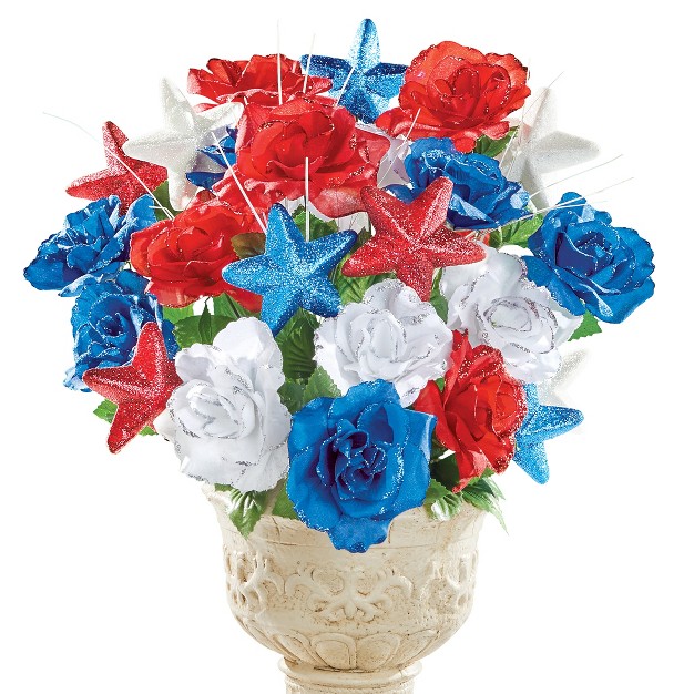 Collections Etc Patriotic Glitter Rose and Stars 3-piece Bush Set 10 X 10 X 18