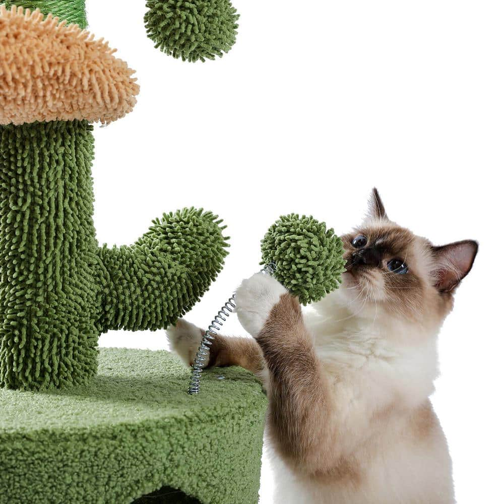 Foobrues 32.9 in. H Cactus Cat Tower with Sisal Covered Scratching Post, Cozy Condo, Plush Perches and Fluffy Balls PSL-23170833