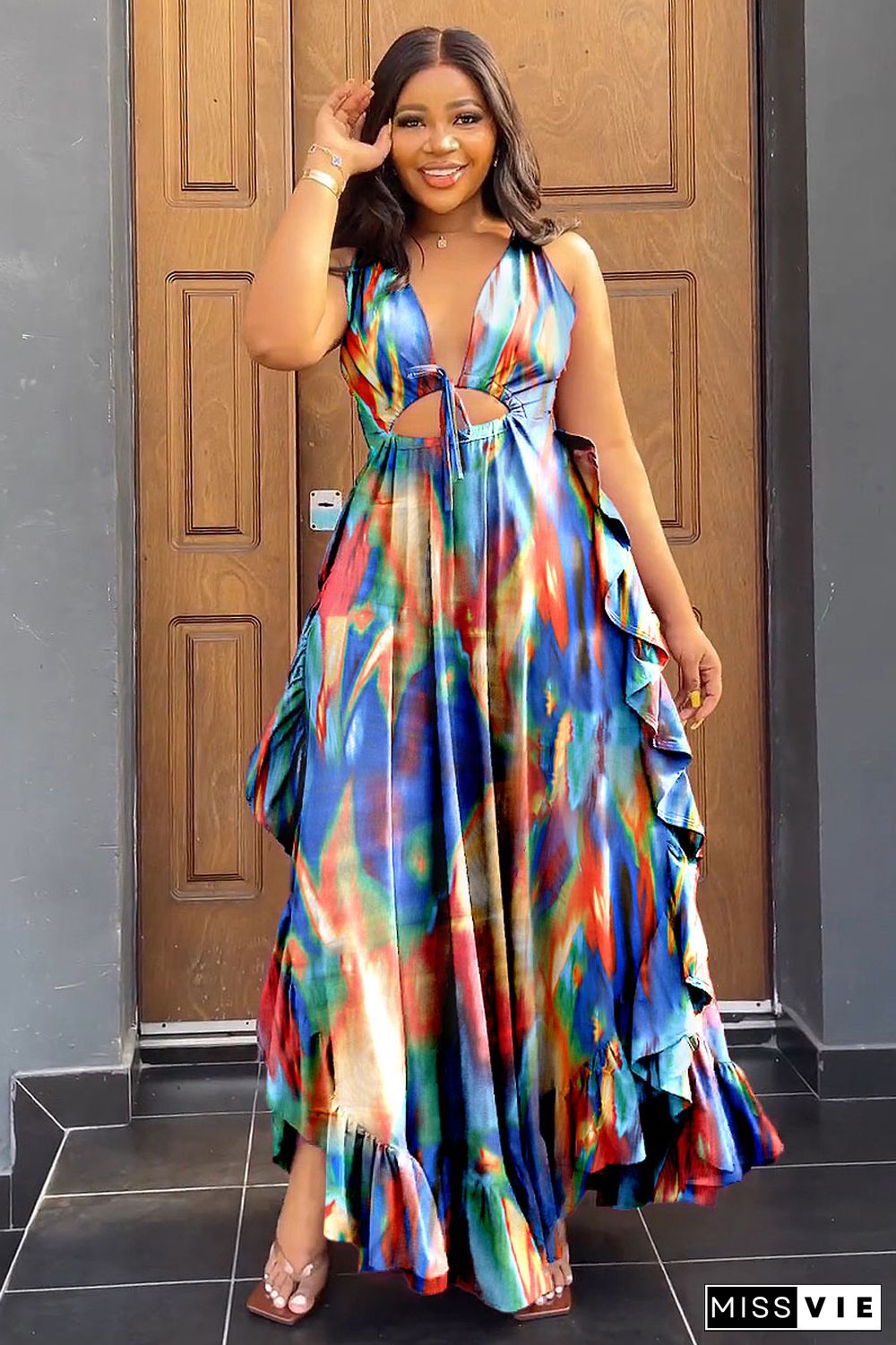 Pattern Print Cami V Neck Cutout Ruffle Irregular Hem Tied Up Vacation Maxi Dress